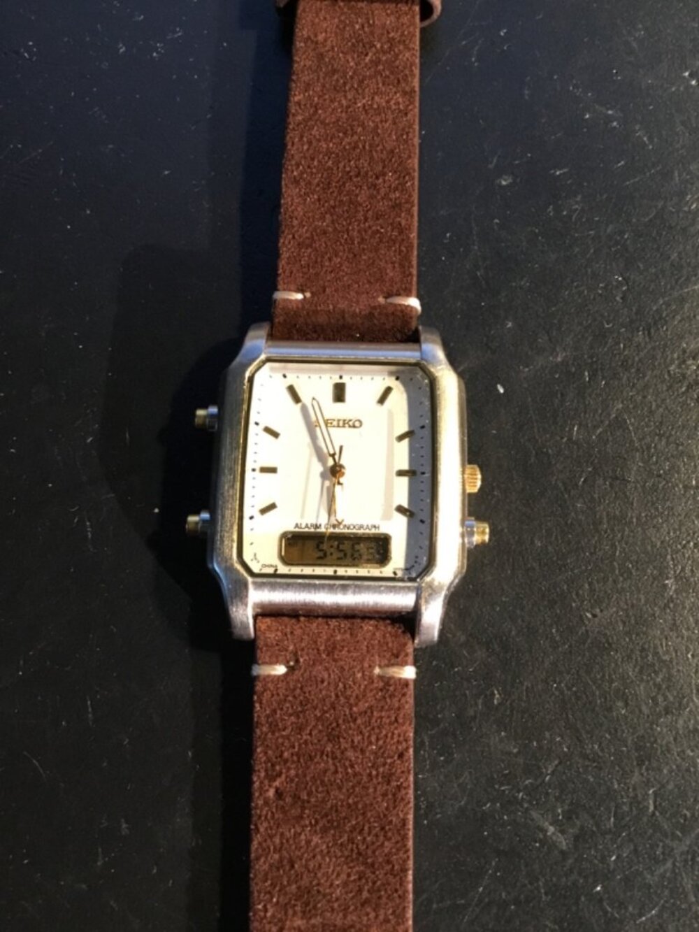 Very Fine Seiko Alarm Chronograph Digital Analog Two Tone Watch V072-5059=WORKS